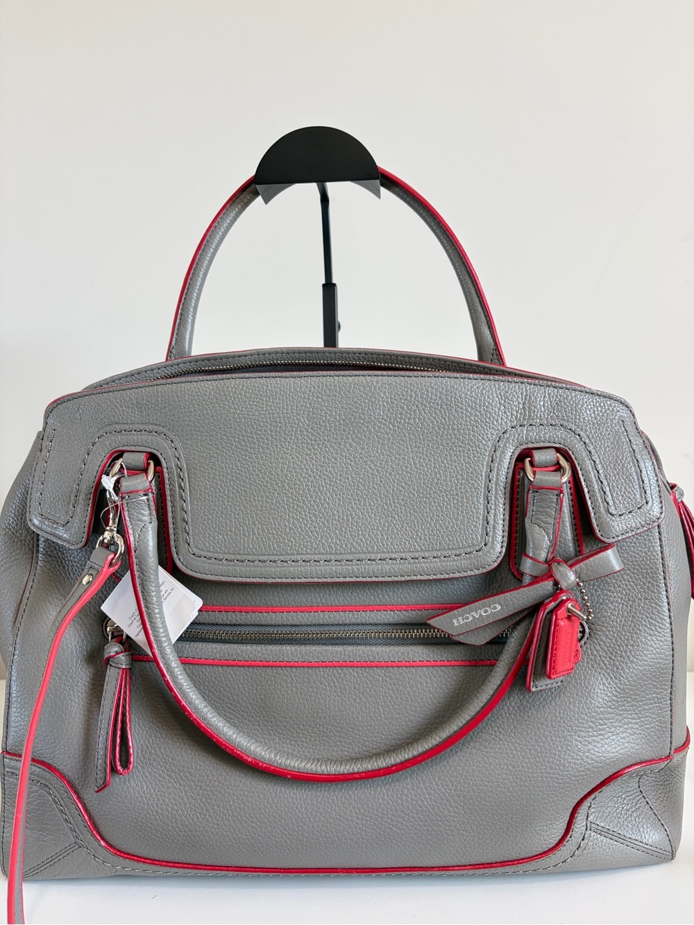 Coach Poppy Edgestain Large Flap Satchel with Red Trim